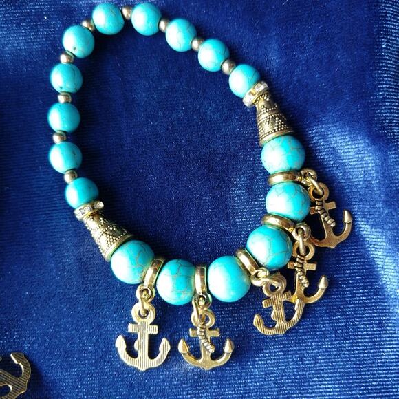 Turquoise Arm Stack 3 Bracelet Set blue beads gold Love & Anchor charms - Picture 8 of 8
